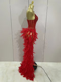 Luxury Sparkly Rhinestones Feathers Long Tail Dress Sexy Mesh Transparent Stage Bodysuit Evening Party Celebrate Birthday Dress
