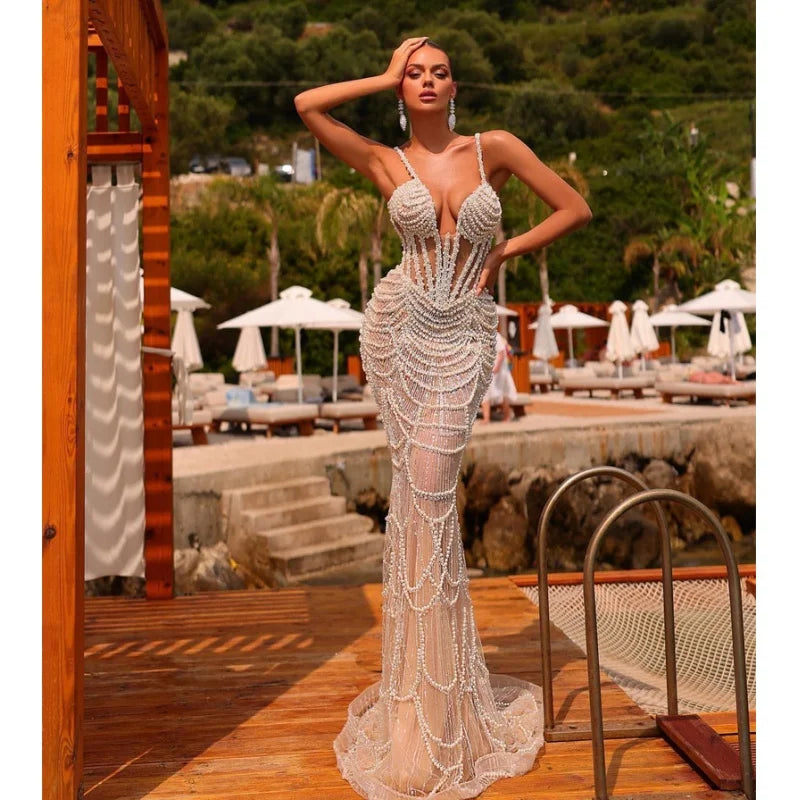 Luxury Pearl Beading Haute Couture Sexy V-Neck Floor Length Dress Woman Birthday Party Dress Wedding Party Goddess Vestido