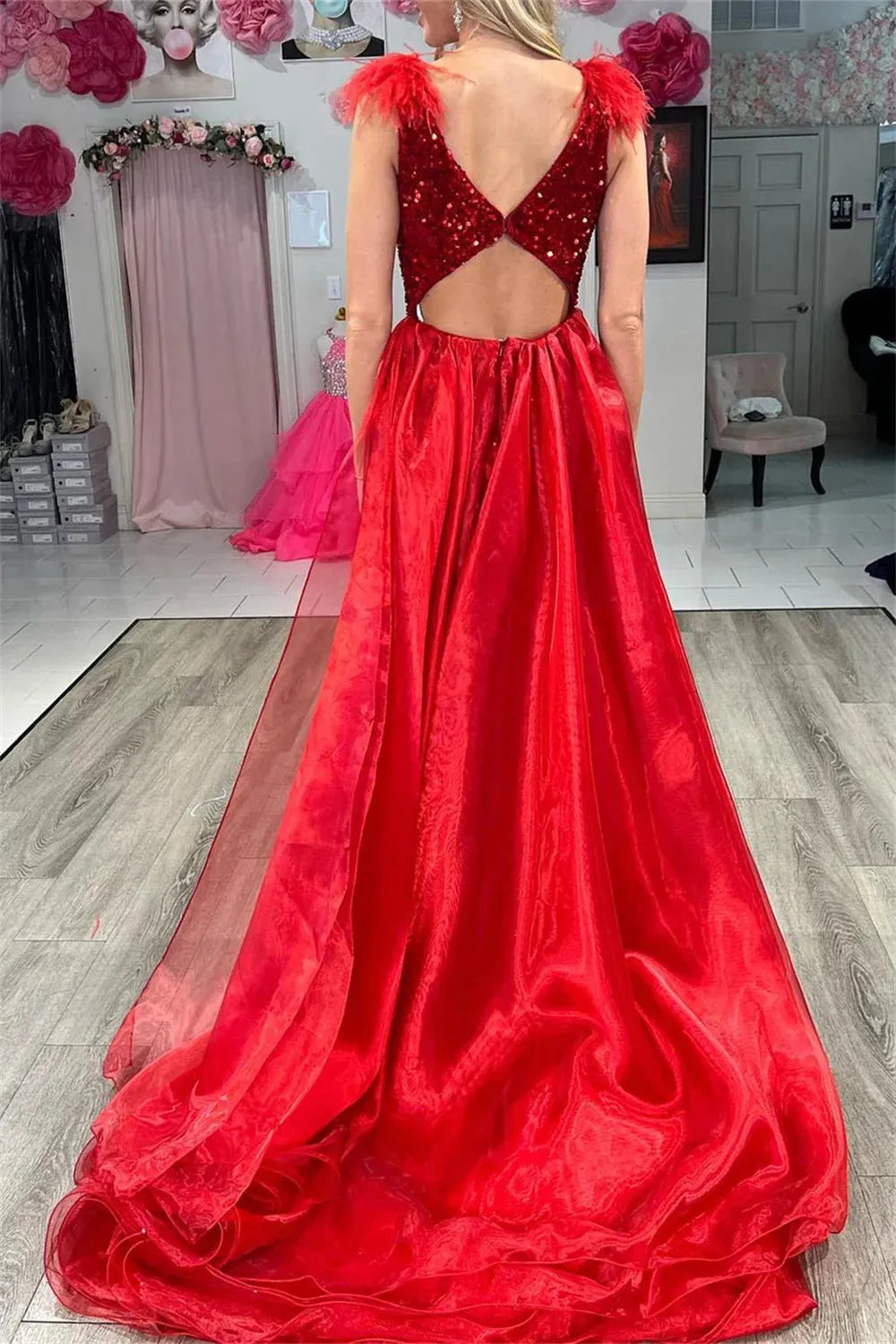 Wine Red Prom Dresses Shiny Sequins V-neck vestidos de noche Elegant Sleeveless Detachable Long Train Formal Evening as pic