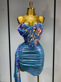Women Sexy Strapless Sequin Glitter Two Pieces Set Celebirty Elegant Luxury Birthday Evening Party Nightclub Singer Stage Outfit SKY BLUE