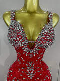Exquisite Feather Red Evening Dress Women Sparkle Rhinestones Sexy High Slit Birthday Celebrate Stage Photoshoot Costume