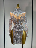 Women Long Sleeve Sexy Shinning Sequins Bodycon Mini Dress Mesh See Through Celebrate Birthday Evening Party Club Stage Outfit Silver
