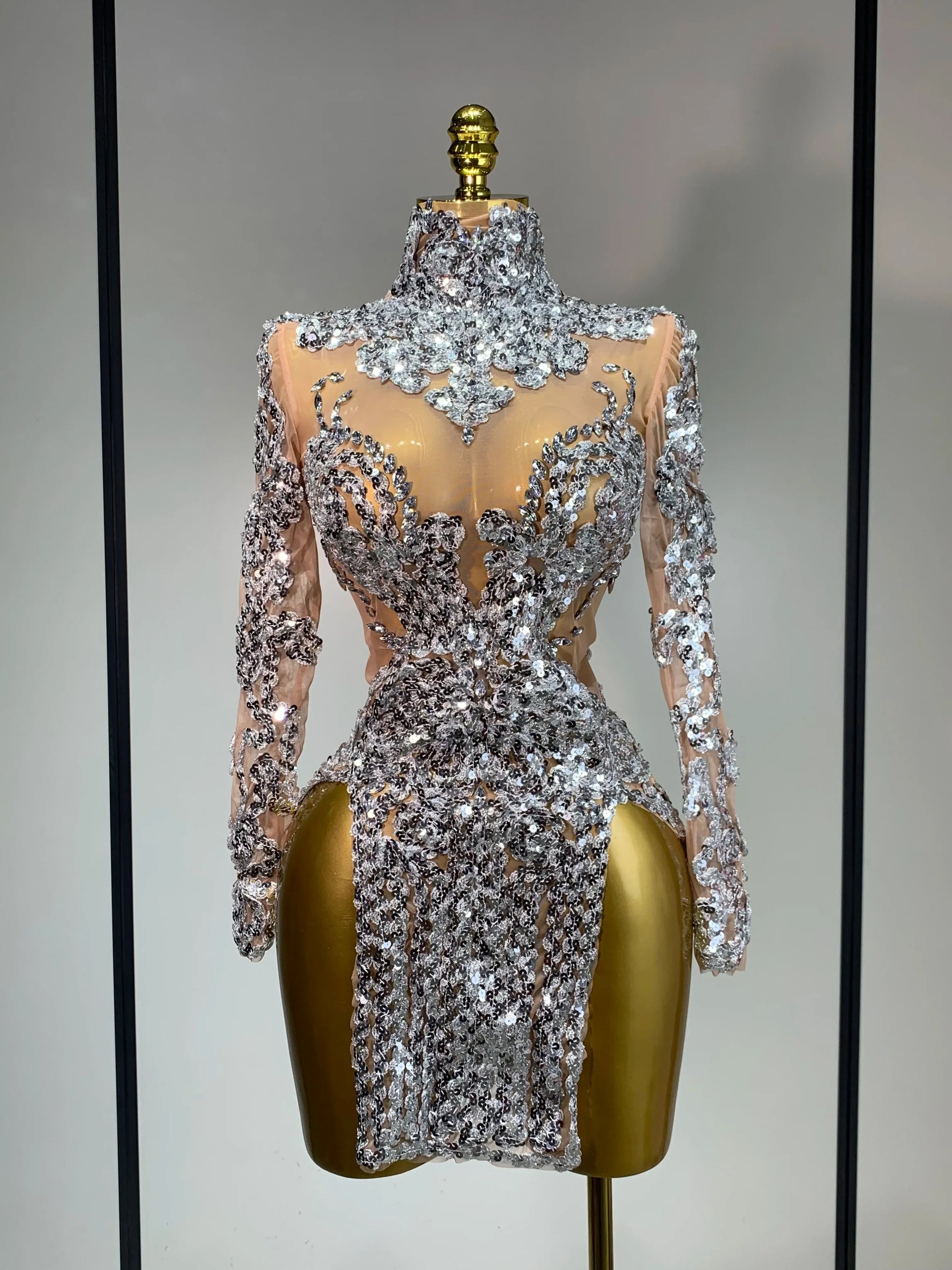 Women Long Sleeve Sexy Shinning Sequins Bodycon Mini Dress Mesh See Through Celebrate Birthday Evening Party Club Stage Outfit Silver