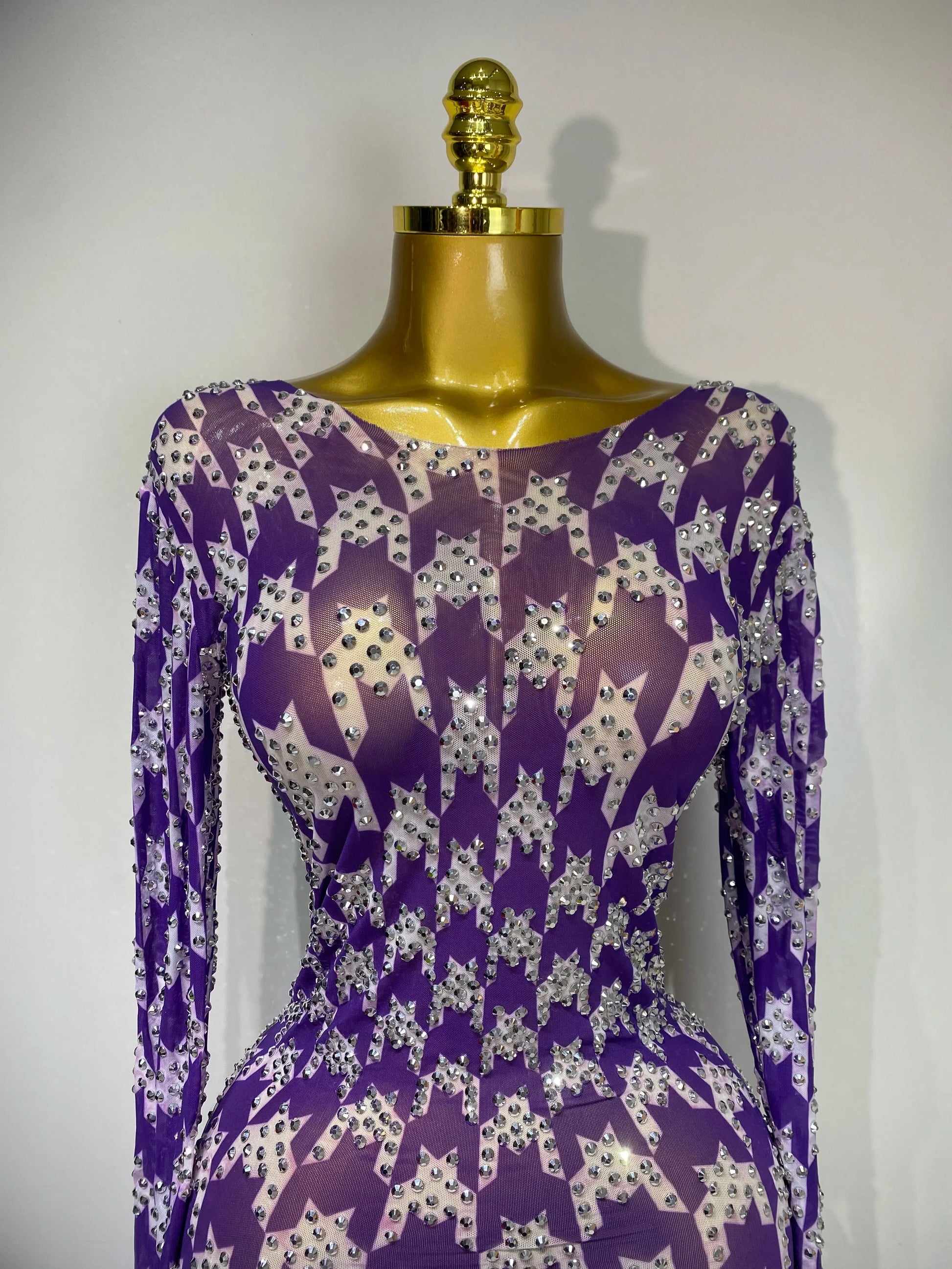 Sparkly Rhinestone Stretchy Mesh See Through Dress Women Performance Dancer Costume Luxury Birthday Nightclub Stage Outfit