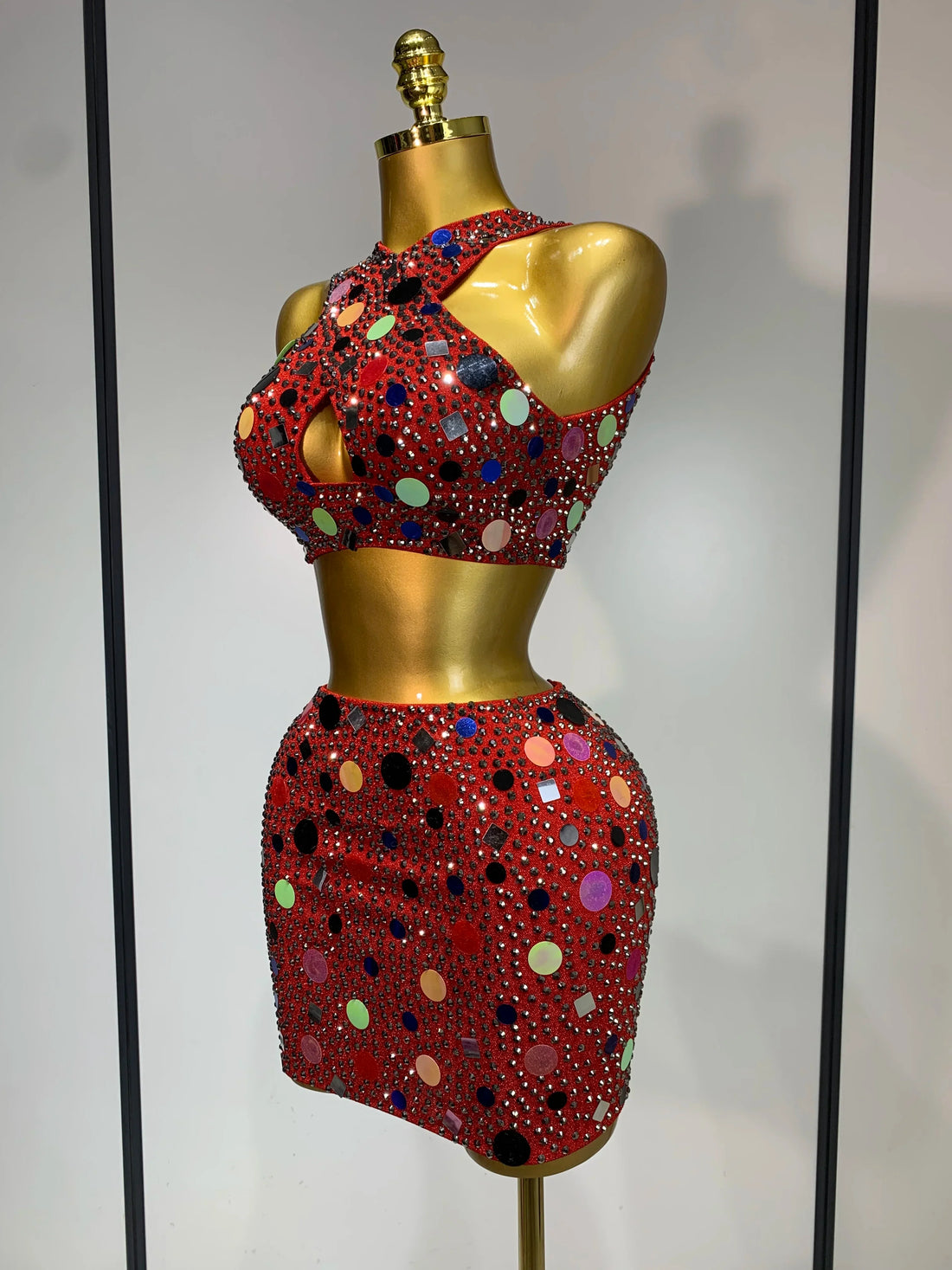 Luxury Rhinestone Sequin Sexy Two Piece Set Fashion Nightclub Sparkly Perform Stage Costume Birthday Dress Red