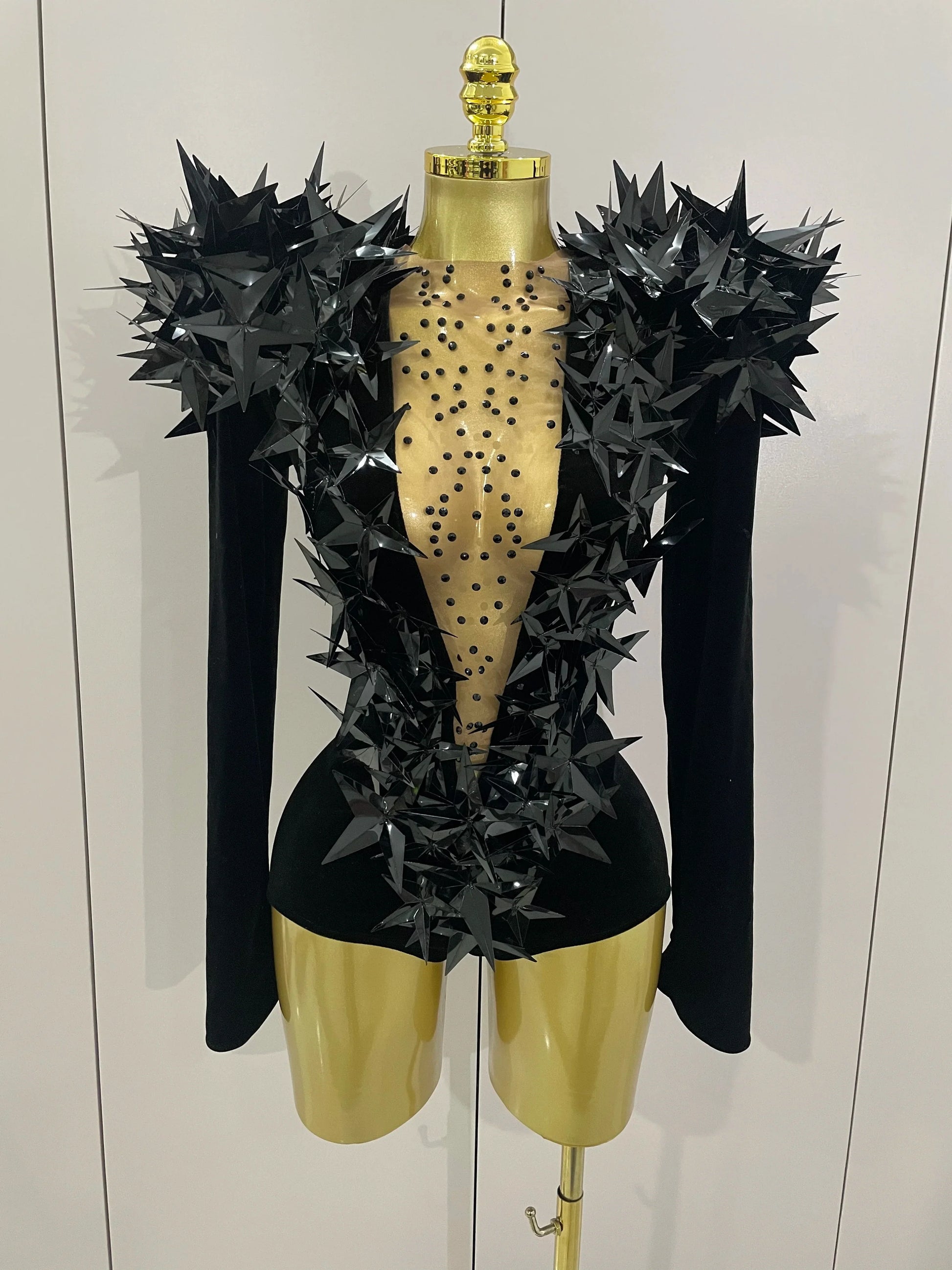 Shiny Gold Rhinestone Black Velvet Long Sleeve Bodysuit Women Evening Party Club Gala Hosts NightClub Bar Stage Costumes black