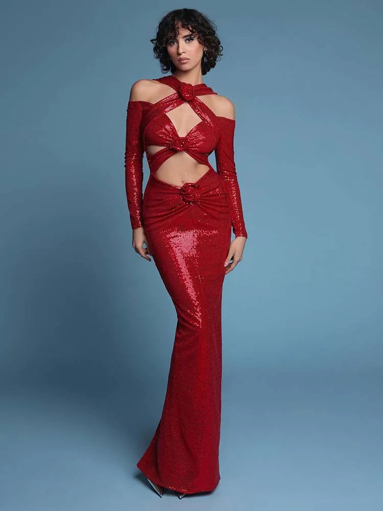 Summer New Women's Sexy V-neck Long sleeves Flower Decoration Sequins Mermaid Bodycon Celebrity Party Evening Dress