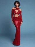 Summer New Women's Sexy V-neck Long sleeves Flower Decoration Sequins Mermaid Bodycon Celebrity Party Evening Dress