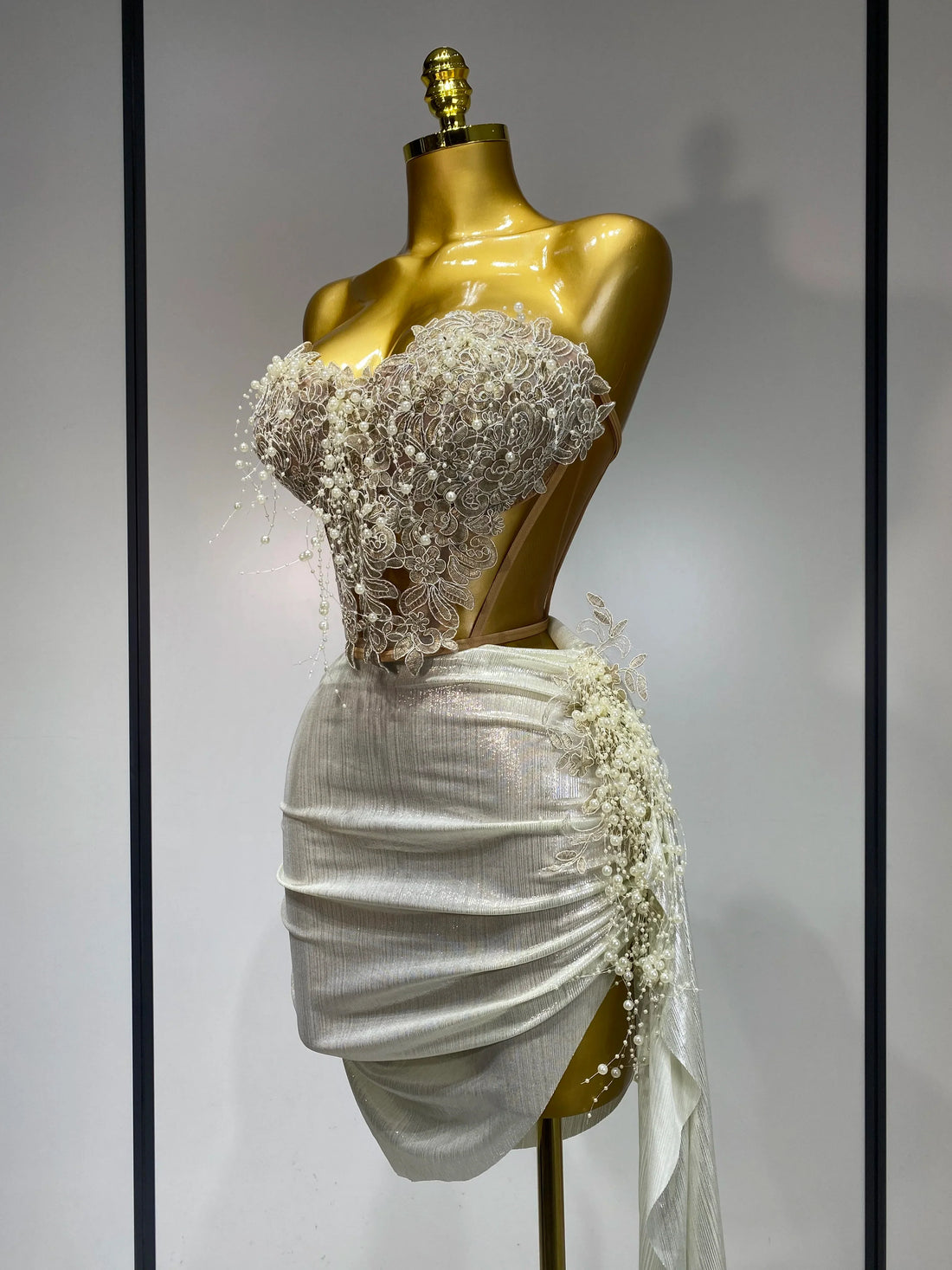 Elegant Sexy Pear Mesh See Through Two Piece Set Women Luxury Birthday Party Prom Gown Singer Nightclub Hotwife Stage Outfit Beige