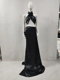Red Black Christmas Style Women Sexy Florals 2 Pieces High Split Floor-length Dress Nightclub Party Cocktail Celebrate Wear black