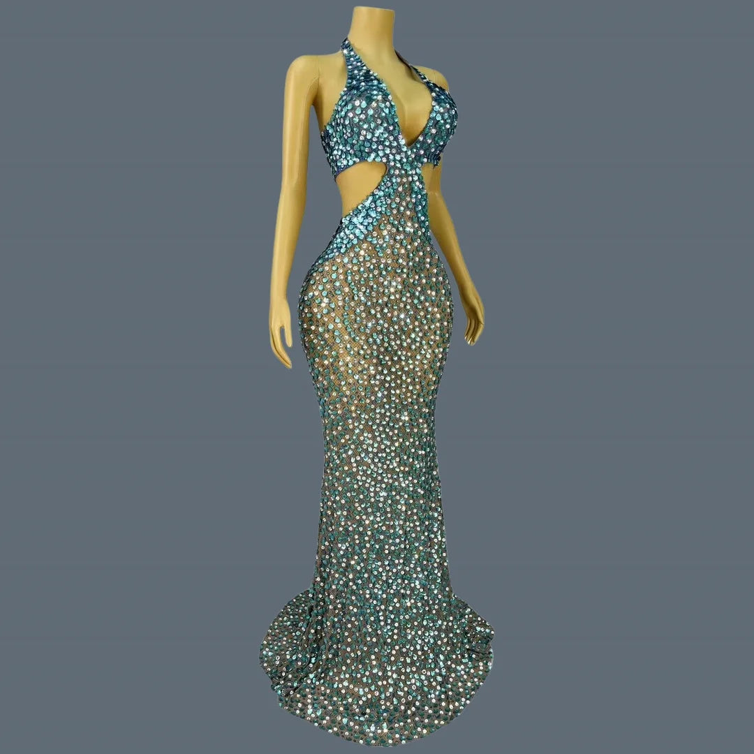 New Mermaid Blue Maxi Dress Shell Sequins Rhinestone Evening Gown for Women Luxury Ball Dress Deep V Neck Mesh Dress Beiduofen AS PHOTO