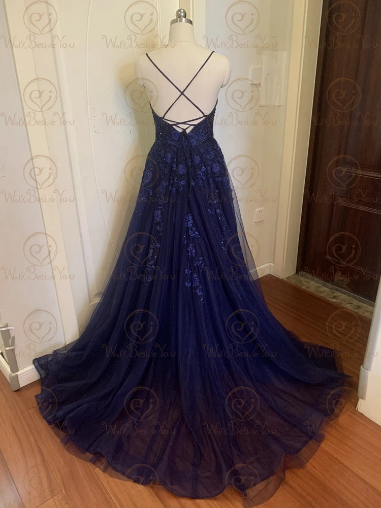 Tulle Evening Dresses Long A Line Sweetheart Spaghetti Strap Lace Applique Beaded Formal Party Gowns