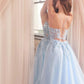 Sky Blue Lace Appliques Prom Dressess A-line Tulle Vestidos De Noche Elegant Spaghetti Strap Sleeveless Cocktail Party