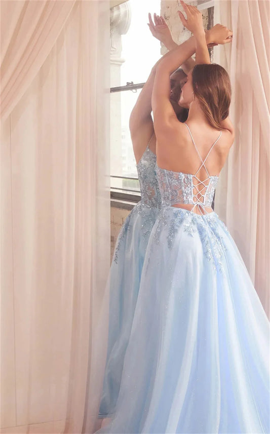 Sky Blue Lace Appliques Prom Dressess A-line Tulle Vestidos De Noche Elegant Spaghetti Strap Sleeveless Cocktail Party