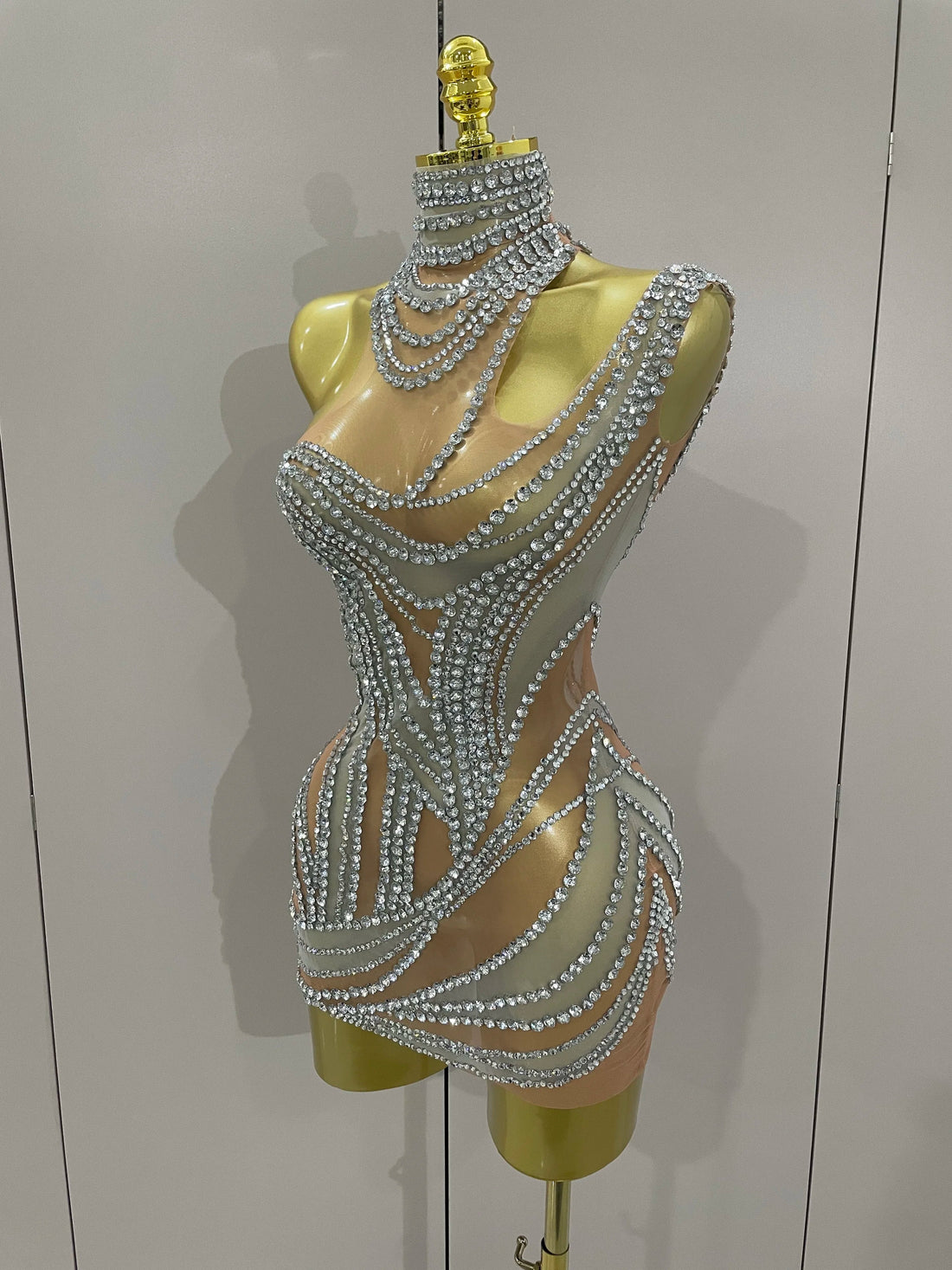 Luxury Sparkly Crystals See Through Mini Dress Women Celebrate Birthday Party Gowns Singer Performance Stretch Stage Costume Silver