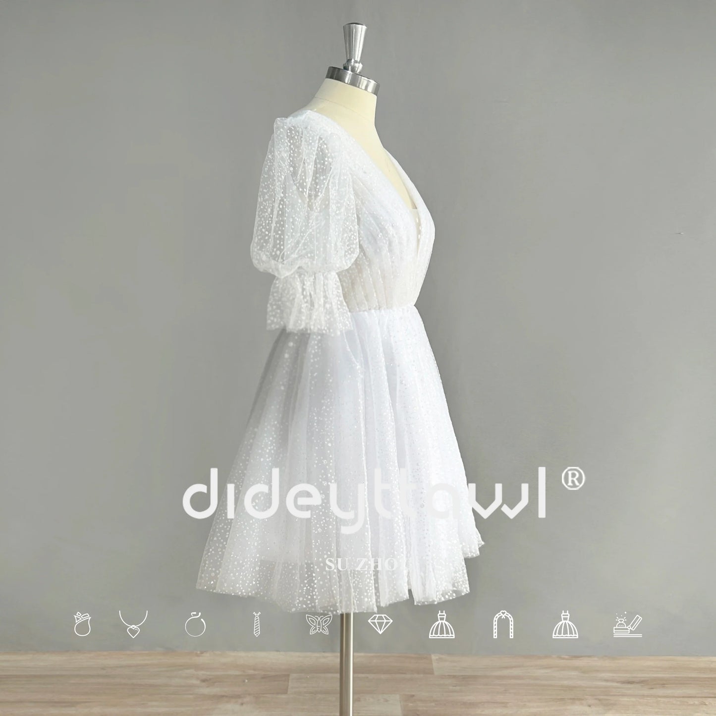 Mini vestido de novia corto de tul brillante con mangas abullonadas, cuello en V, sin espalda, por encima de la rodilla, vestido de novia brillante