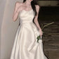 French Luxury White Satin Midi Length Evening Dress for Bride Elegant Sexy Slim Strap Prom Party Dress For Women Vestidos