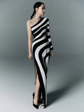 Women Sexy One Shoulder Striped High Split Jacquard Maxi Bodycon Bandage Long Dress Celebrity Evening Party Gown