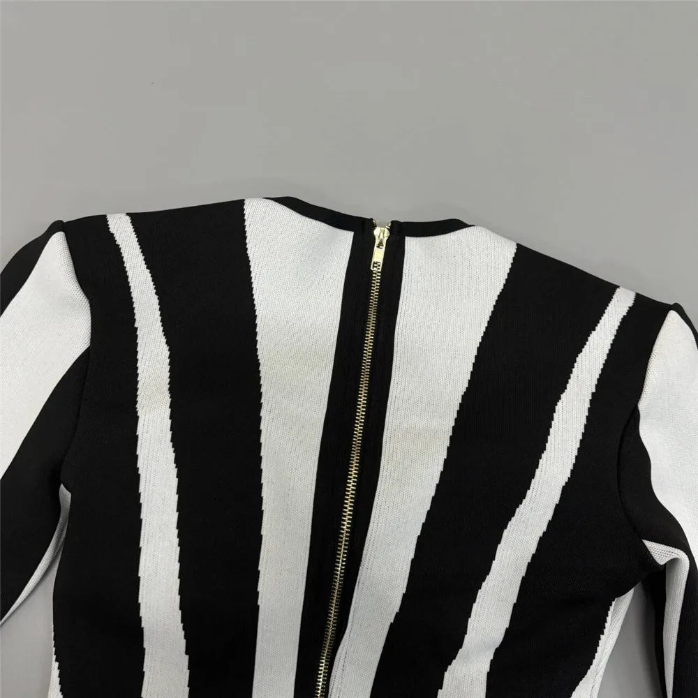 Sexy Women Light Luxury Stripe Dress Strapless Long Sleeve Bodycon Mini Dress Celebrity Cocktail Club Evening Party Vestido