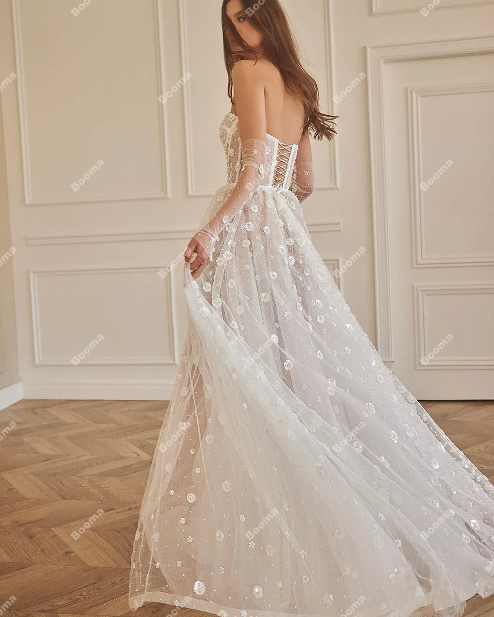 Boho romantique a-ligne robes de mariée chérie paillettes fleurs Tulle mariées robes de soirée jambe fente à lacets longue robe de mariée