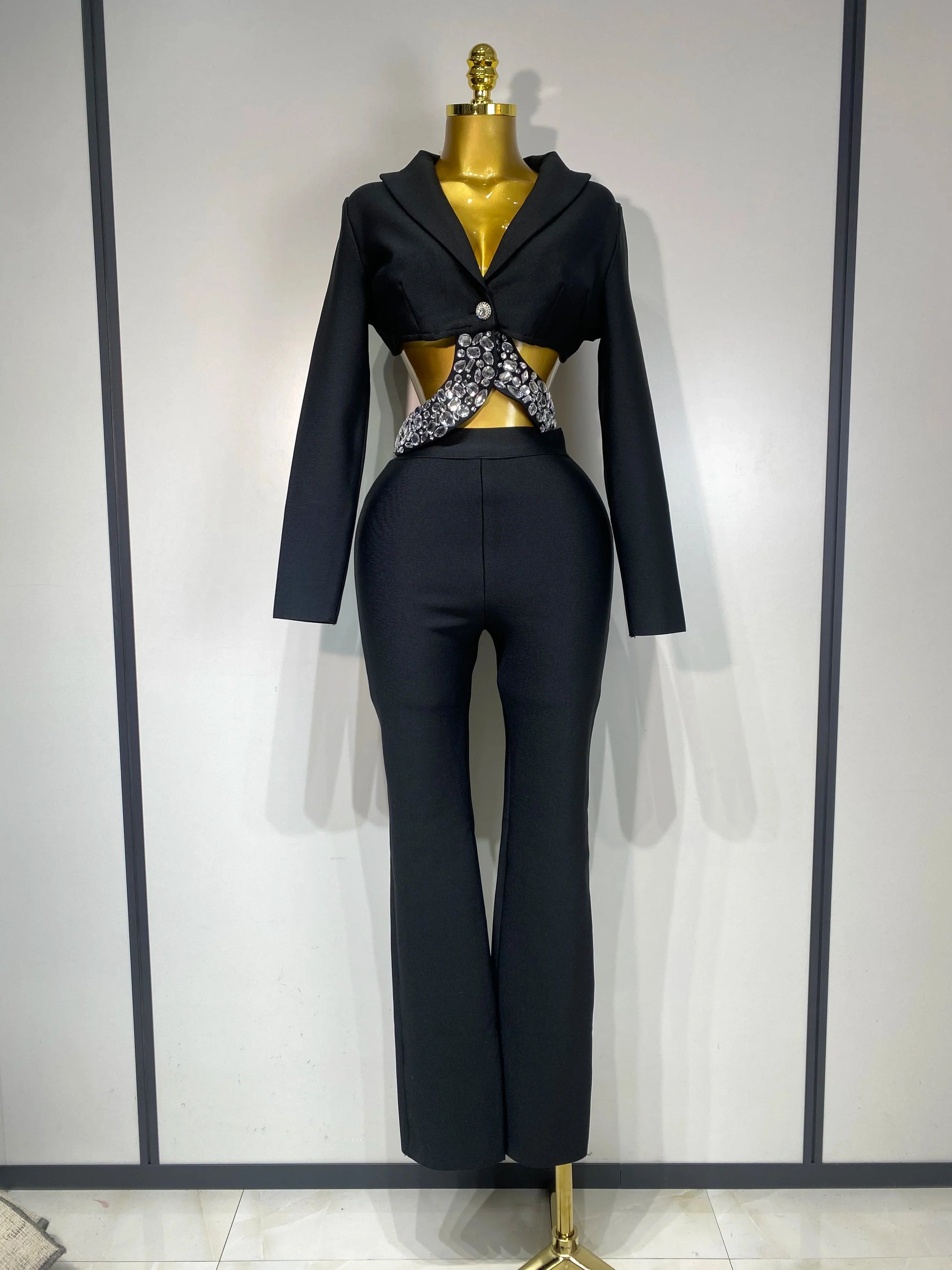 Women Sexy Cut Out Long Sleeve Beading Bodycon Two Pieces Pants Bandage Set Celebrity Designer Fashion Women Luxury Birthday Set