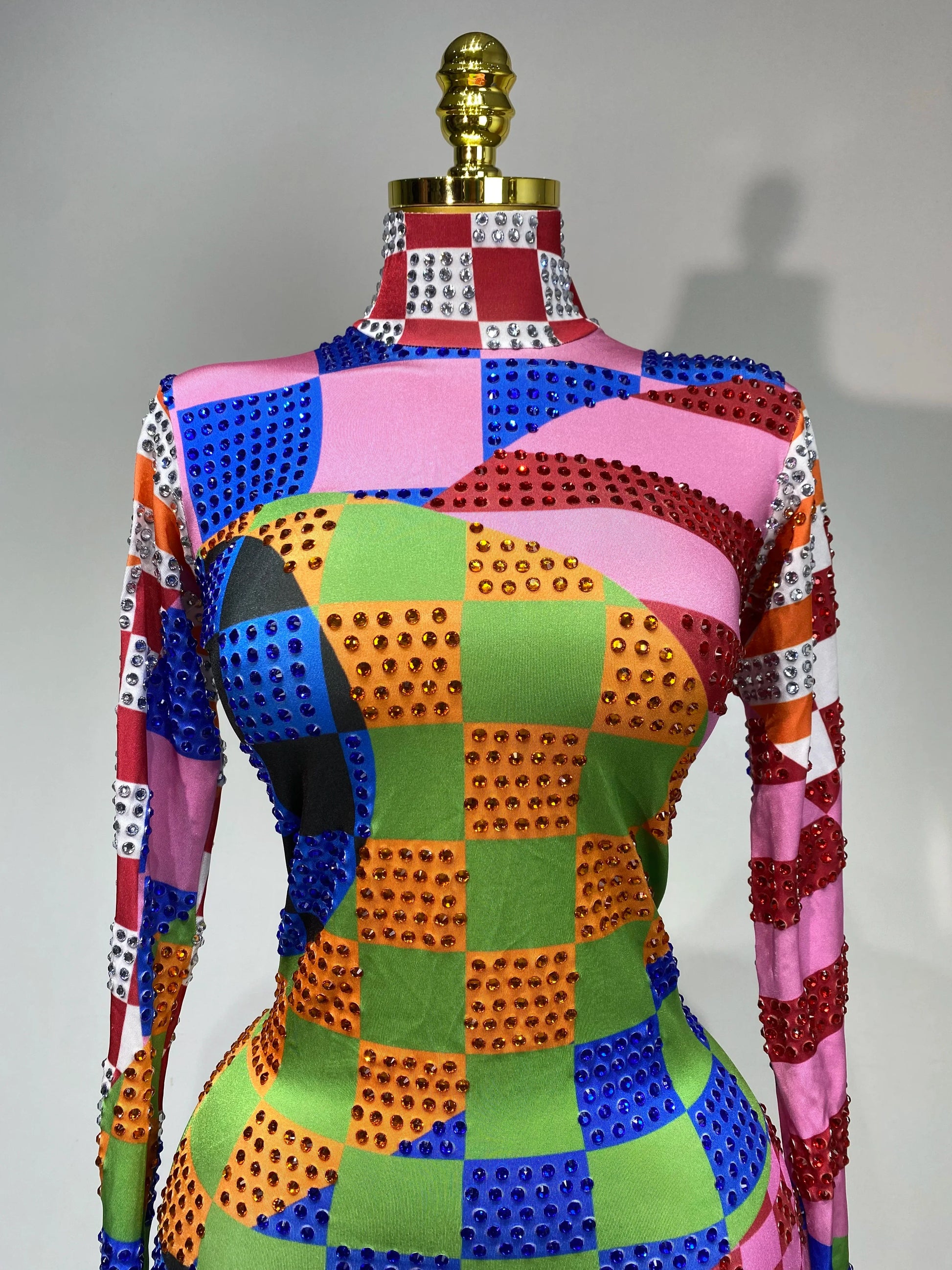 Colorful Printed Sparkly Rhinestones Jumpsuit Women Sexy Long Sleeve Performance Dance Costume Stage Evening Party Club Outfit