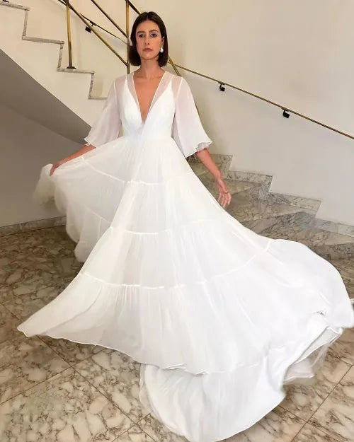 Elegant A-line Wedding Party Dresses Deep V Neck Half Sleeves Evening Dress for Women Ruched Chiffon Long Prom Gowns 26W