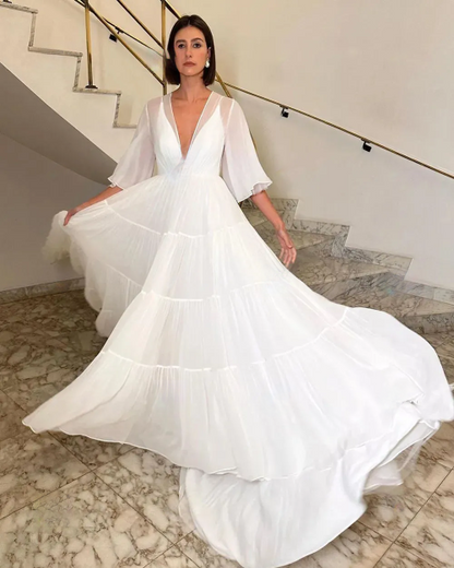 Vestidos de fiesta de boda elegantes de una línea, vestido de noche de media manga con cuello en V profundo para mujer, vestidos largos de fiesta de gasa fruncidos