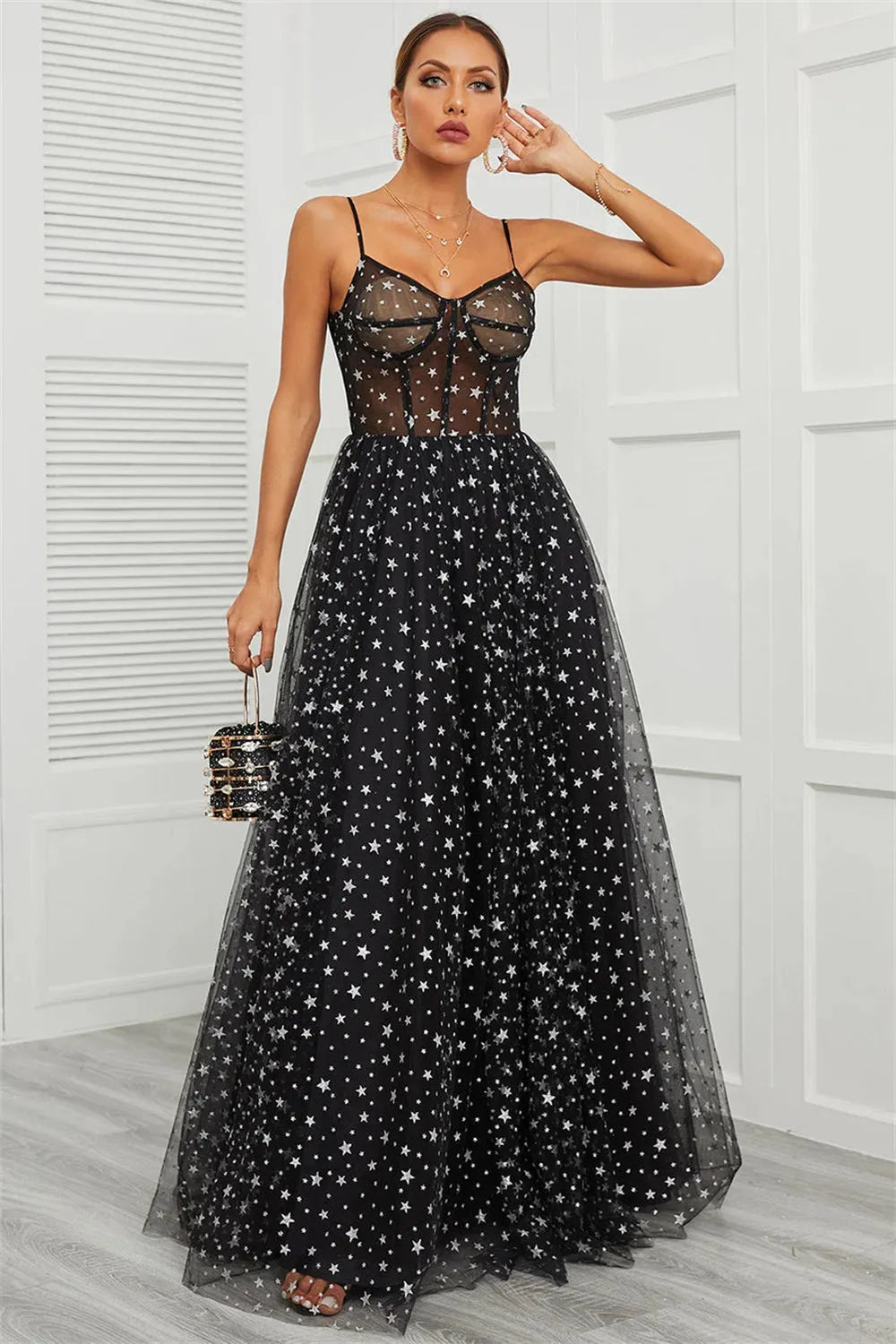 Black Spaghetti Strap Prom Dresses Star Tulle A-line vestidos de noche Elegant Sleeveless Floor-Length Formal Evening as pic