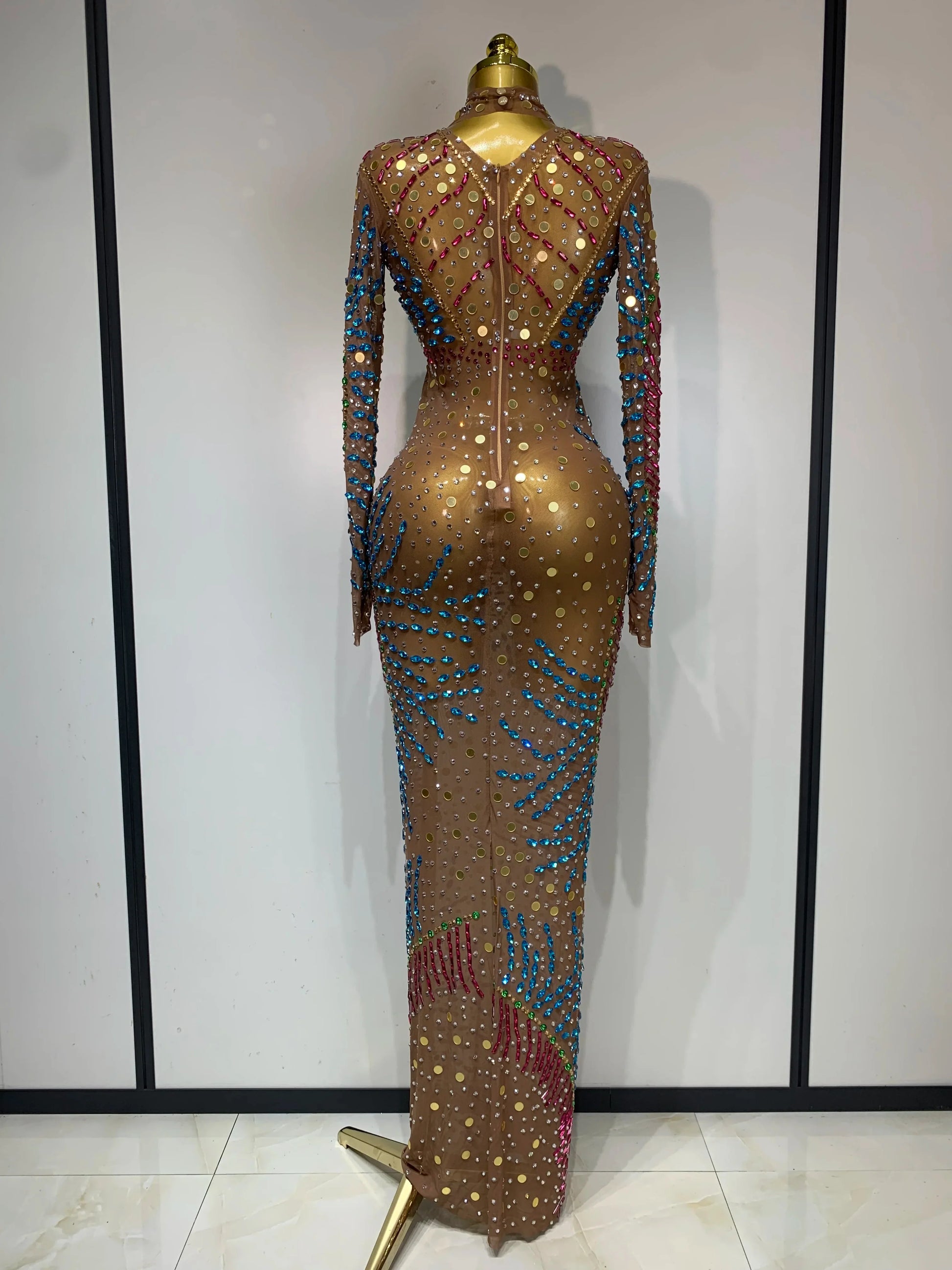 Women Sparkly Rhinestone See Through Elastic Mesh Women Long Dress Evening Prom Birthday Party Wear Club Performance Costume