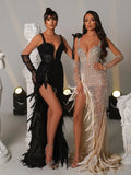 Black Pearls Long Dress Spaghetti Straps Sweetheart Neck Feathers Embellished Split Sequins Party Evening Gown With Gloves