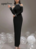 Sexy Women'S Light Luxury Crystal Pearl Design Bandage Dress O-Neck Off Shoulder Long Sleeved Bodycon Christmas Long Dress