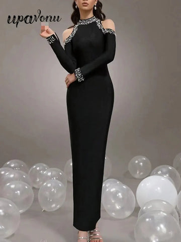 Sexy Women'S Light Luxury Crystal Pearl Design Bandage Dress O-Neck Off Shoulder Long Sleeved Bodycon Christmas Long Dress