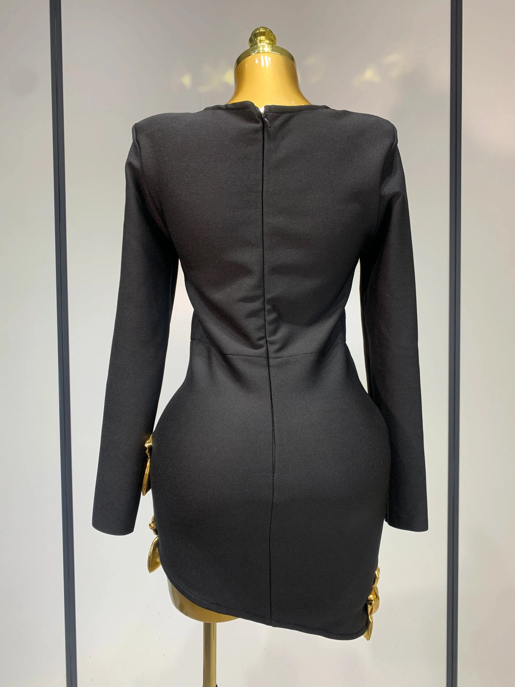 Women Long Sleeve Sexy Square Collar Gold Flower Bodycon Mini Bandage Dress Celebirty Elegant Nightclub Luxury Birthday Dresses