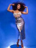 Chic Sequin Pearl Detailed Cut-Out & Straps Dress for Trendy Parties Evening Gown