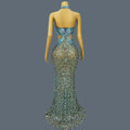 New Mermaid Blue Maxi Dress Shell Sequins Rhinestone Evening Gown for Women Luxury Ball Dress Deep V Neck Mesh Dress Beiduofen