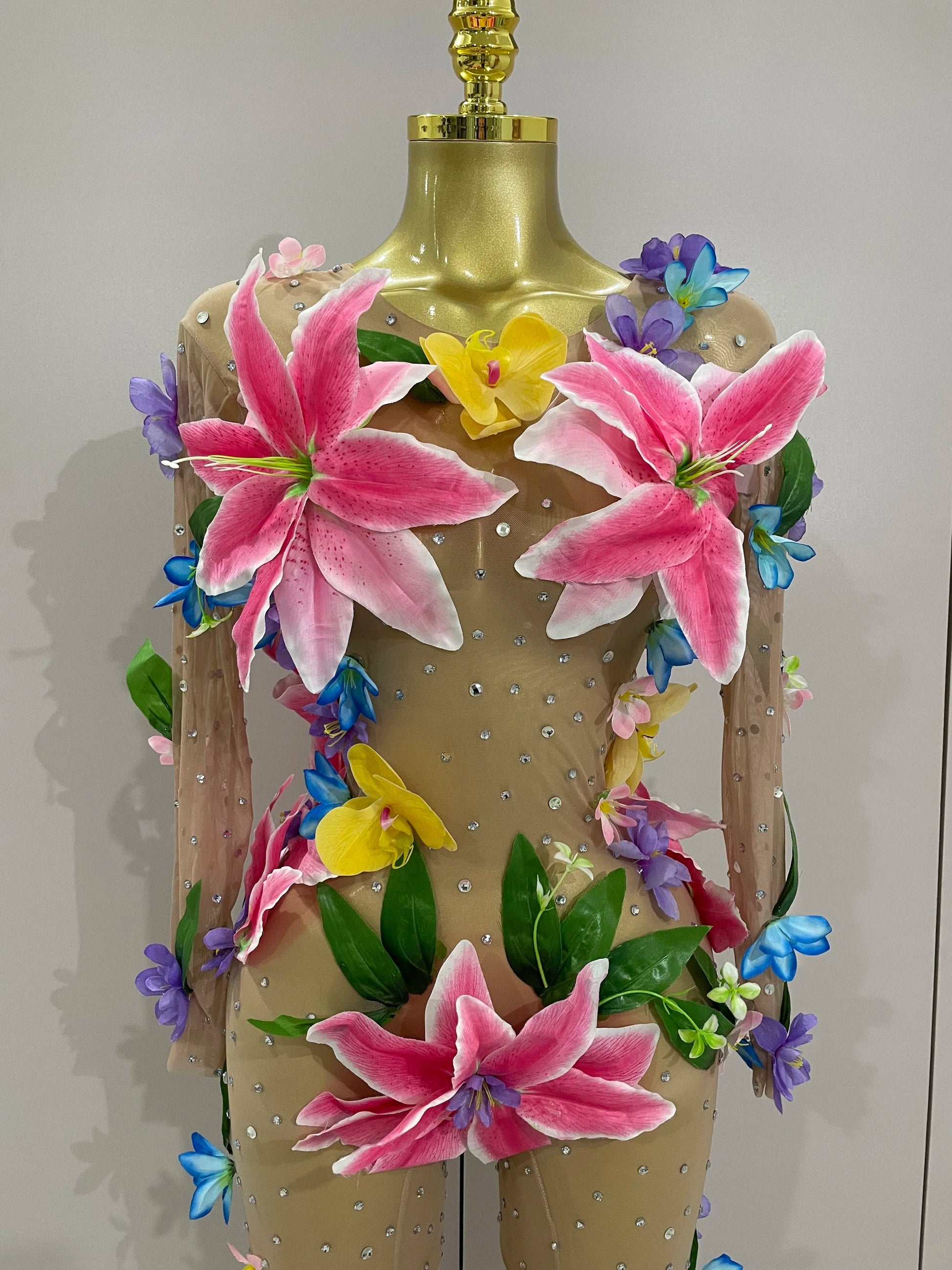 Sparkly Rhinestones 3D Flower Nude Mesh Transparent Jumpsut Women Evening Party Birthday Nightclub Performance Stage Costume