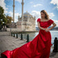 Wine Red Flying Prom Dresses Off the Shoulder فساتين السهرة Elegant Sleeveless Cathedral Train vestidos verano moda