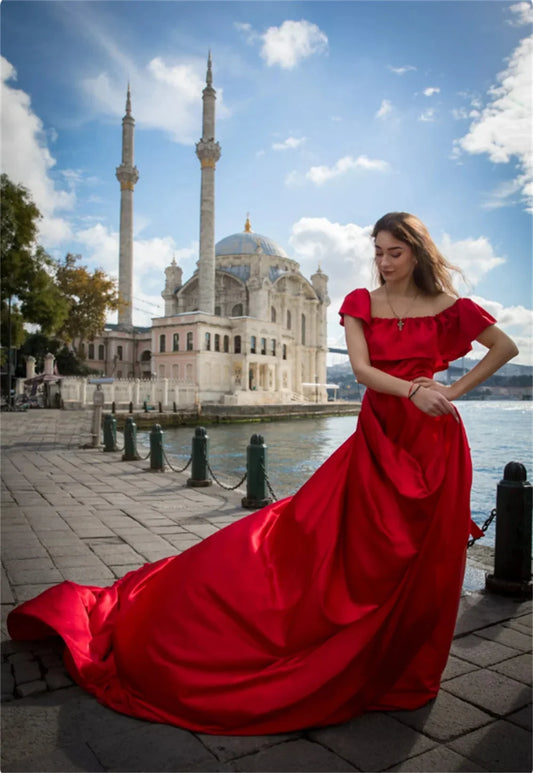 Wine Red Flying Prom Dresses Off the Shoulder فساتين السهرة Elegant Sleeveless Cathedral Train vestidos verano moda