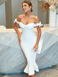 Elegant Sexy Bandage Dresses Off Shoulder Bodycon Dress Evening Dresses Long Luxurious Night Party Club Cocktail Women Club WHITE