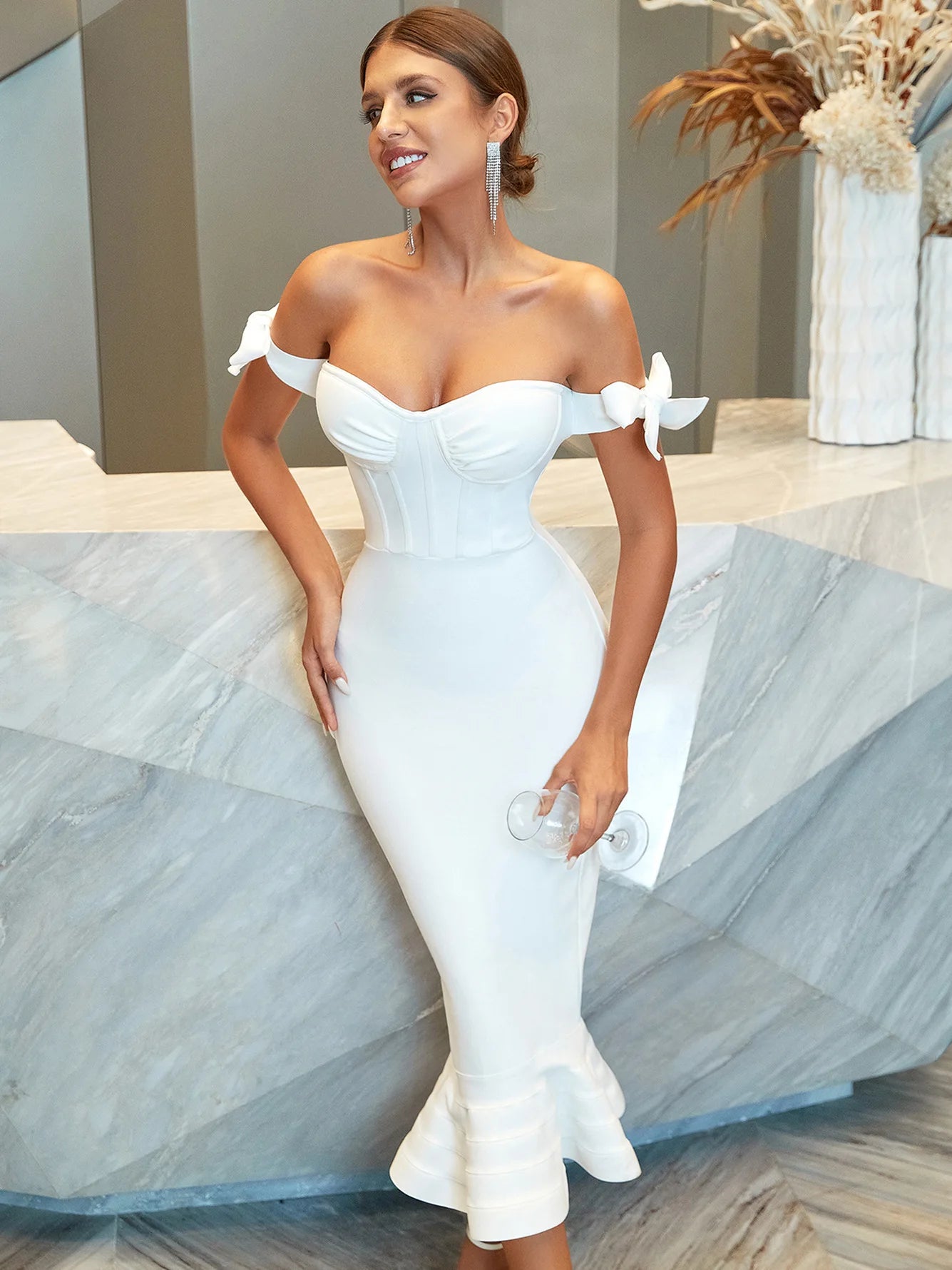 Elegant Sexy Bandage Dresses Off Shoulder Bodycon Dress Evening Dresses Long Luxurious Night Party Club Cocktail Women Club WHITE