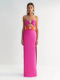 Black & Pink Sexy Strapless Hollow Out Diamond High Slit Shinning Rhinestones Bandage Long Dress Bodycon Celebrity Dress