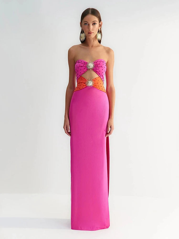 Black & Pink Sexy Strapless Hollow Out Diamond High Slit Shinning Rhinestones Bandage Long Dress Bodycon Celebrity Dress