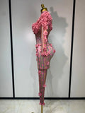 Sexy Skinny Rhinestones Flower Long Sleeve Bodycon Jumpsuit Women High Street Nightclub Birthday Performance Dance Stage Outfit