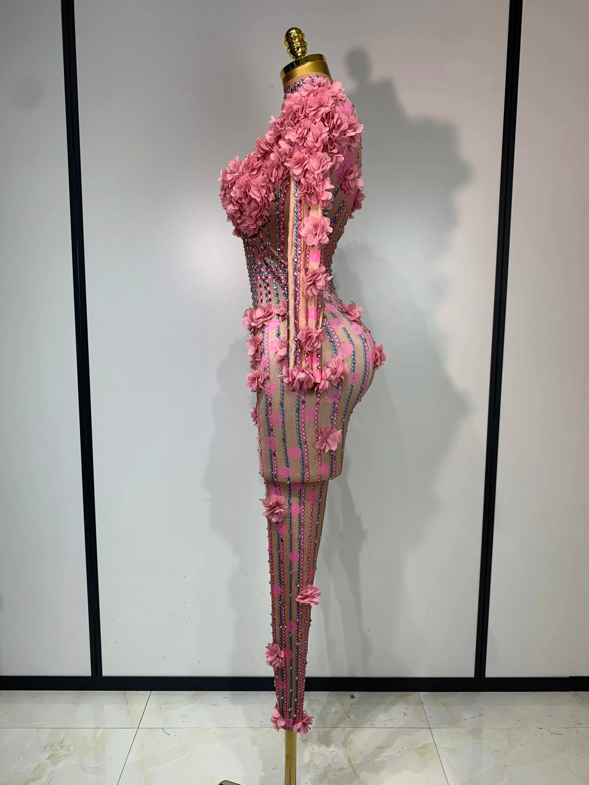 Sexy Skinny Rhinestones Flower Long Sleeve Bodycon Jumpsuit Women High Street Nightclub Birthday Performance Dance Stage Outfit