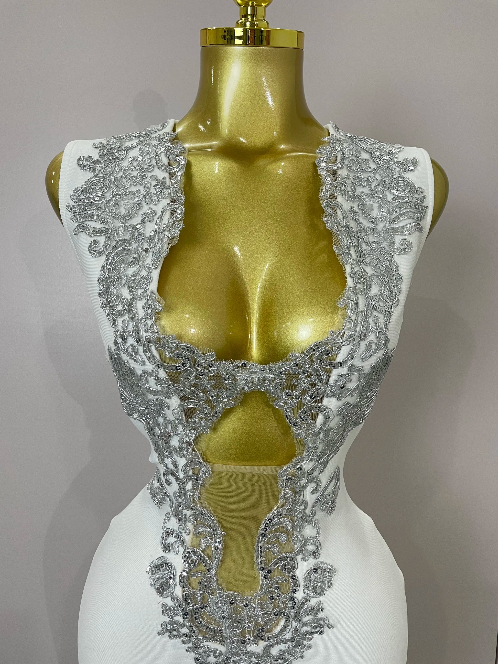 Sexy Silver Sequin White V Neck Cut Out Short Bandage Dress Women Elegant Luxury Birthday Party Club Wedding Vestidos