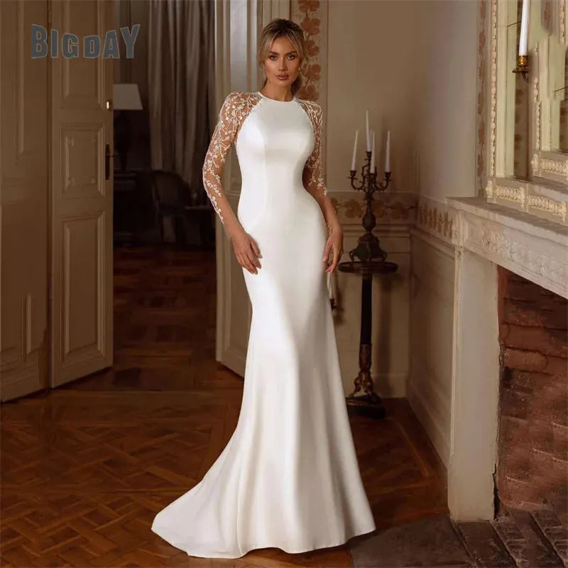 Elegant Mermaid Wedding Dress Women Long Sleeves Lace Illusion Back O-Neck Satin Bridal Gown Sweep Train Vestidos De Noiva White 14w