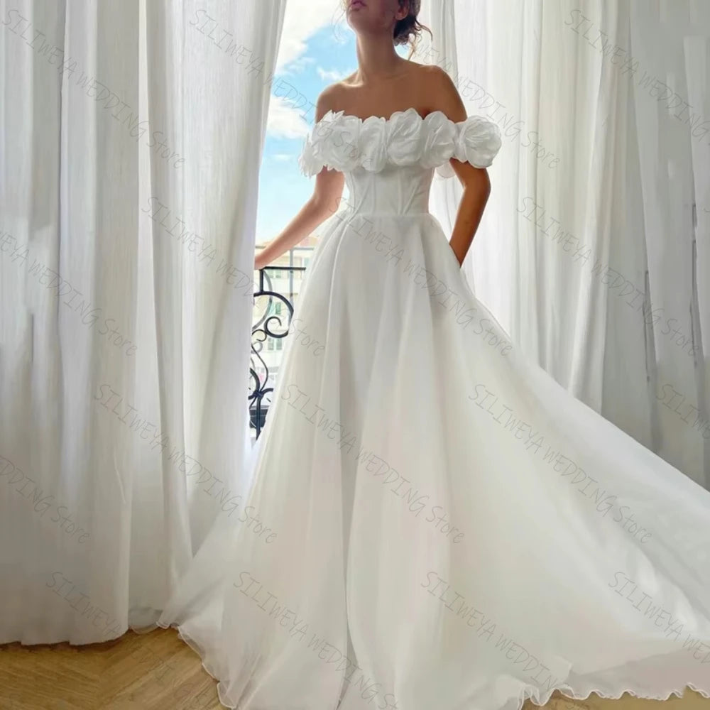 White Prom Dresses Off the Shoulder Handmade Flowers A Line Arabic Evening Gowns Elegant Women Customize Formal Party Dress white