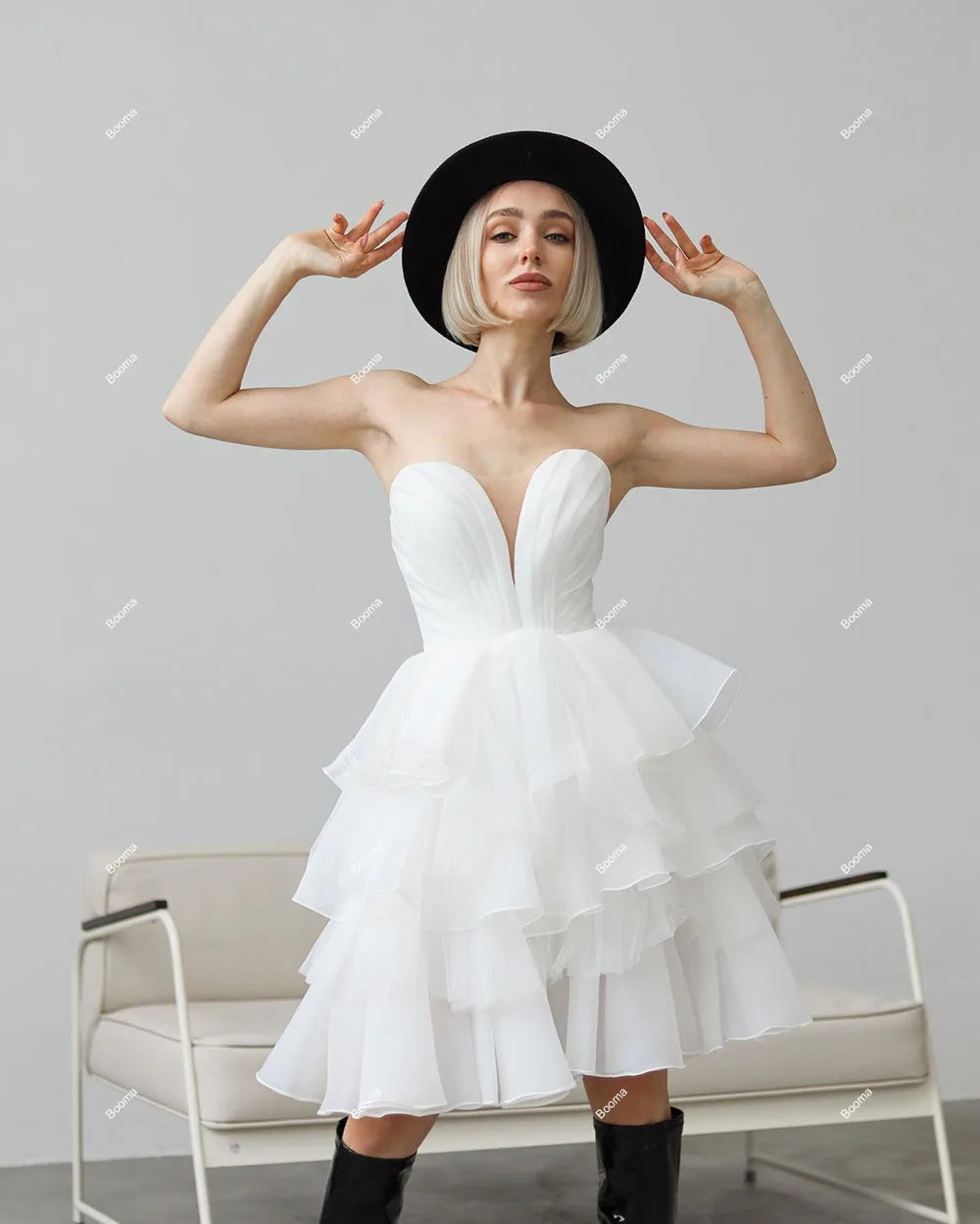 Białe A-line krótkie sukienki na przyjęcie weselne Współziatkowane organza ukochana panna młoda sukienki na balu kolanowe sukienka dla kobiet