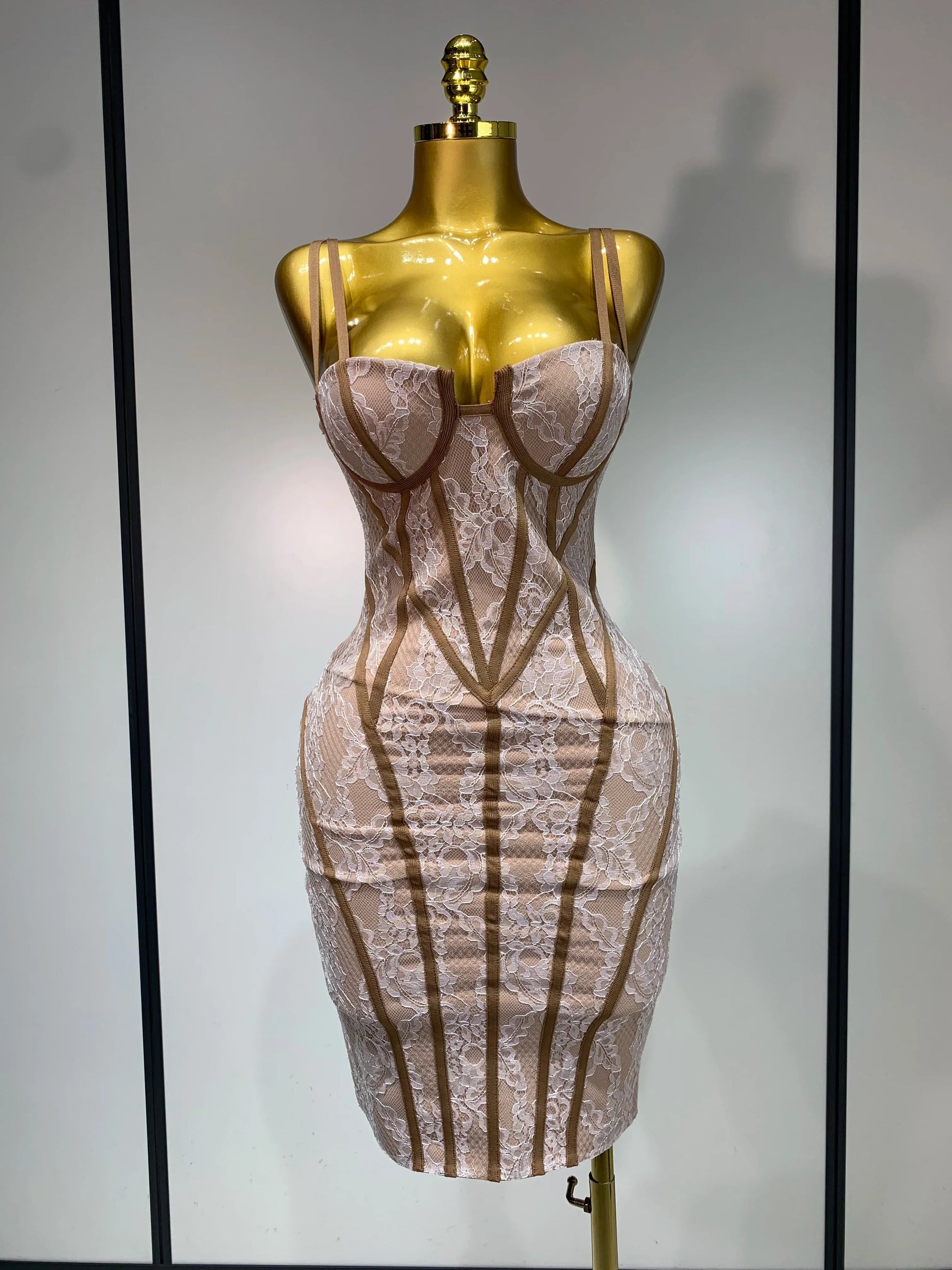 Luxury Birthday Dress Women Khaki Spaghetti Strap Lace Sexy Bodycon Celebrity Elegant Cocktail Club Party Bandage Dress Khaki